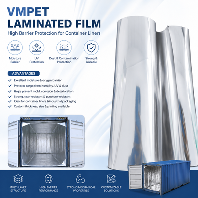 Filme laminado VMPET de 150μm para isolamento de contêineres e proteção de barreira contra umidade